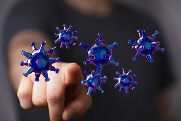 Visual representation of the virus with a finger pointing. Concept of illness and danger. Suitable for healthc