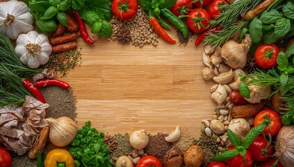 Vibrant fresh herbs garlic tomatoes chili peppers and assorted spices frame a central wooden cutting board perfect for culinary backgrounds
