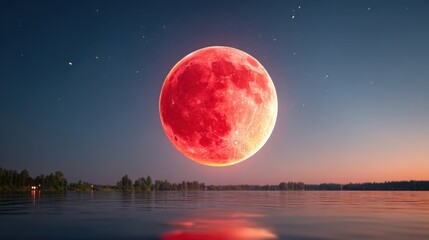 Large red moon over a tranquil lake at sunset