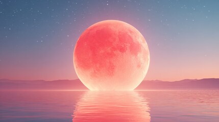 Large red moon over a tranquil lake at sunset