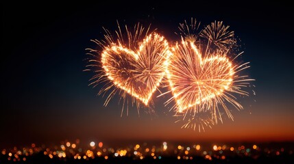 Heart-shaped fireworks in the night sky