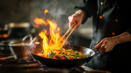 A chef skillfully tosses vegetables in a wok over a fiery flame, steam rising. Culinary action captured in a professional kitchen. The image captures the heat
