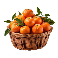 A basket of fresh, ripe tangerines and citrus fruits with green leaves on a white background
