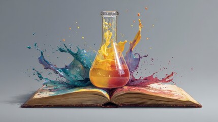 A chemistry flask bursts with colorful paint over an open book, splashes spread. The backdrop is a gray gradient