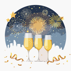 New Year Champagne Toast Illustration &mdash; Clinking Glasses with Fireworks, Flat Festive Vector Collection