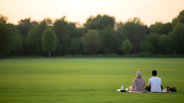Relaxed Islamic couple enjoying a vast, open field at twilight