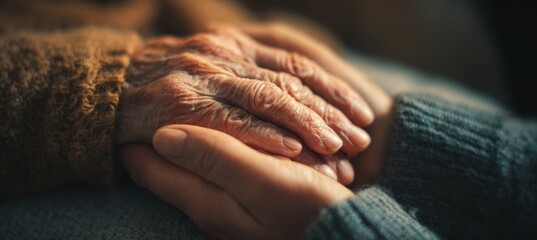 Fototapeta premium Cinematic Capture of Empathy: Young and Old Hands in Warm Light