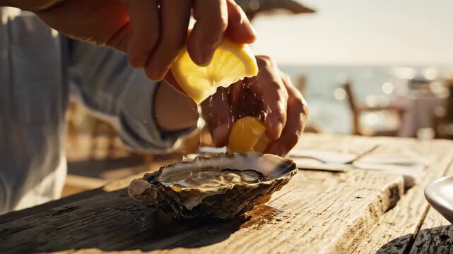 Squeezing Lemon Juice on Oyster by Seaside.