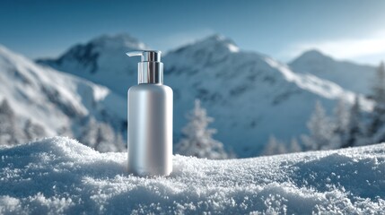 White lotion product on snow blurred mountain background skincare winter