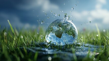 A clear orb shape, symbolizing Earth, surrounded by fresh water drops and vibrant green grass under a bright blue sky