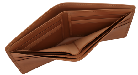 Empty brown leather wallet isolated on transparent background, a modern accessory for carrying cash and cards