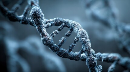 A close-up, detailed rendering of a DNA double helix, rendered in shades of blue and gray with a textured appearance
