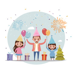 Cute Birthday Kids Illustration &mdash; Happy Children with Party Hats, Balloons, and Fireworks, Flat Cartoon Vector Design