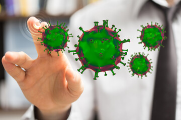Concept image of a man's finger interacting with a digital representation of a coronavirus particle.  Illustra