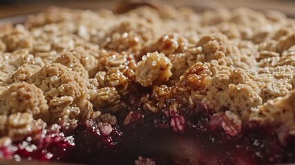 A delectable closeup shot of a freshly baked berry crumble showcasing its goldenbrown crunchy oat topping and the vibrant bubbling fruit filling underneath perfect for a warm comforting dessert.