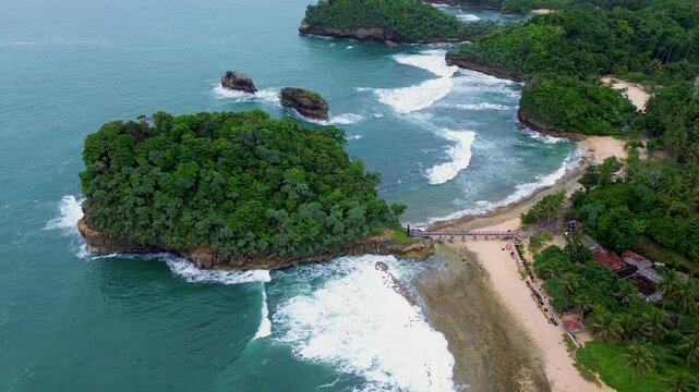 4K Aerial View of Ngliyep Beach on the Southern Java Coast, Malang, East Java