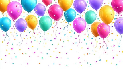 floating colorful balloons in simple solid white background, confetti