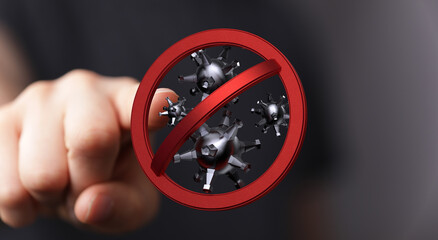 Hand pointing at coronavirus symbol representing protection and safety measures against the virus....