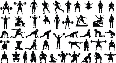 Large set of fitness training and gym exercise black silhouettes, including weightlifting, running, stretching, squatting, and yoga poses, isolated vector illustration collection.