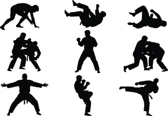 Set of black silhouettes of fighters performing various martial arts combat moves, including striking, grappling, and wrestling actions, isolated vector illustration collection.
