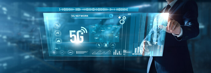 Businessman analyzing 5G Network data on virtual interface signal optimization, high-speed connectivity, smart devices, IoT performance, bandwidth growth, digital transformation.