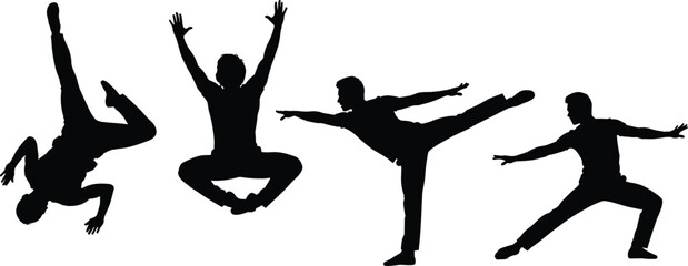 Set of diverse combat sport athletes black silhouettes in various fighting, grappling, and martial arts action poses, including strikes and throws, isolated vector illustration collection.