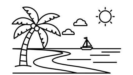 Tropical Paradise A Minimalist Line Art Illustration of a Seascape with Palm Tree and Sailboat