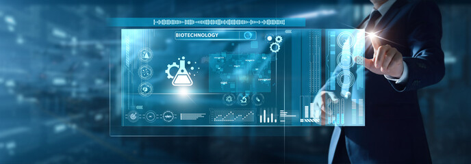Businessman analyzing Biotechnology data on virtual interface cell research, genome insights, lab innovation, molecular tracking, bioengineering trends.