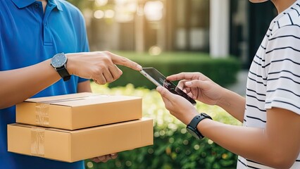 Customer receiving a package delivery and providing a digital signature on a mobile device for confirmation