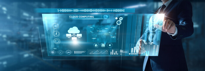 Businessman analyzing Cloud Computing data on virtual interface virtual servers, data access, scalable storage, online processing, digital transformation.