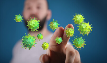 Concept of coronavirus spreading, man interacting with digitally created virus, represents infection, pandemic