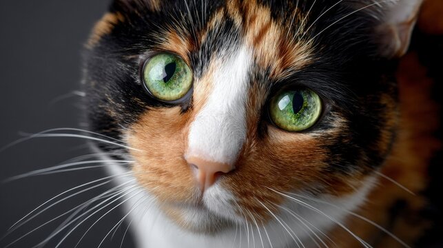 A close-up portrait of a domestic feline with striking green eyes, and a coat of calico colors. Grey background - Powered by Adobe