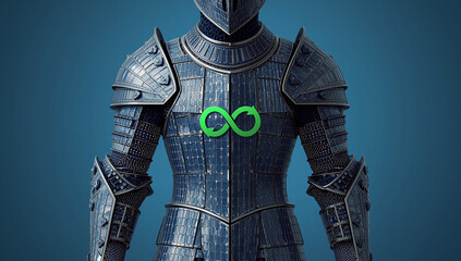 Futuristic armored suit with infinity symbol, technology and sustainability concept