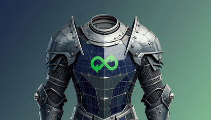 Futuristic armored suit with infinity symbol, technology and sustainability concept