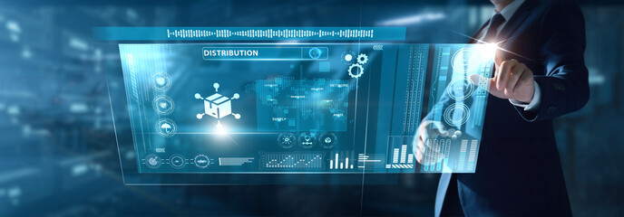 Businessman analyzing Distribution data on virtual interface supply routing, inventory flow, logistics mapping, delivery metrics, channel optimization.