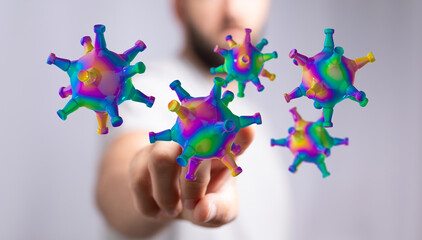 Abstract design with a hand touching a concept of a virus. Concepts of healthcare, disease, danger,...