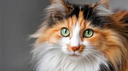A close-up portrait of a fluffy, multi-colored cat with striking green eyes, against a muted grey background