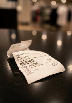 A crumpled refund receipt lying on a dark table, signifying a failed purchase. Consumer shopping experience and financial transaction concept for store policy.