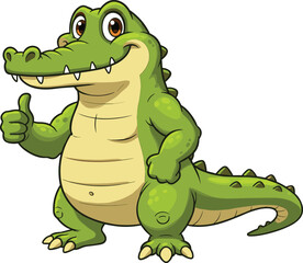 Fototapeta premium Cute cartoon crocodile character giving thumbs up, green reptile mascot with smile, fun alligator drawing, children animal illustration, vector art, isolated design