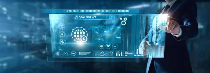 Businessman analyzing Global Finance data on virtual interface currency shifts, capital markets, economic indicators, global investment flows, fiscal trends.