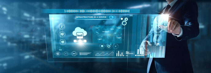 Businessman analyzing IaaS data on virtual interface cloud servers, scalable resources, virtual infrastructure, workload management, digital deployment.