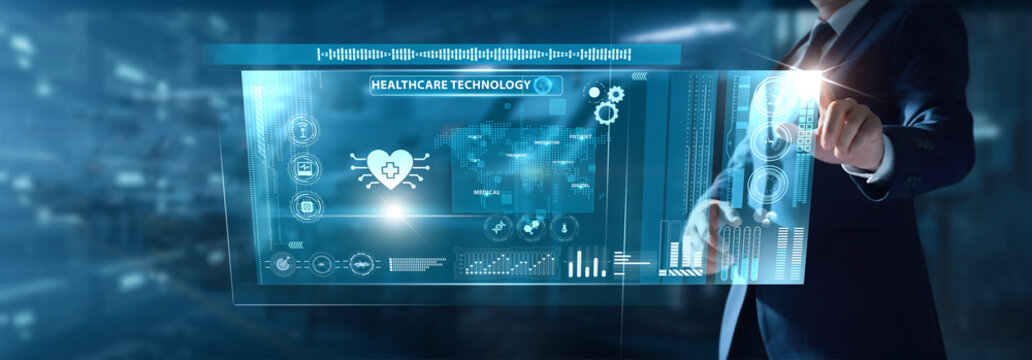Businessman analyzing Healthcare Technology data on virtual interface digital diagnostics, patient analytics, telehealth systems, medical innovations, smart care tools. - Powered by Adobe