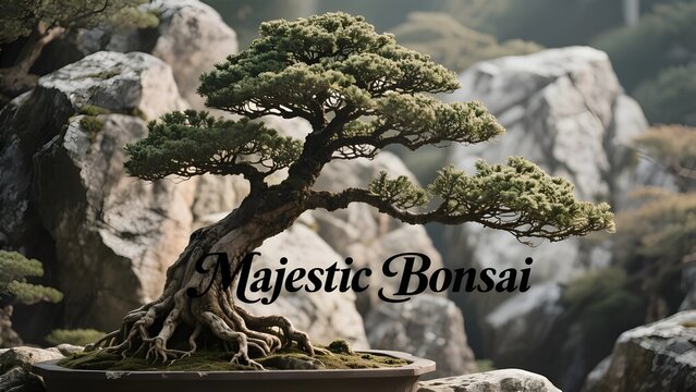 A majestic bonsai tree with gnarled roots and lush foliage set against a rocky backdrop