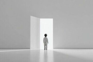 Fototapeta premium Child at an open door in a minimalistic space