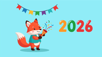 Fototapeta premium Adorable fox character celebrating the year 2026 with confetti and festive decorations.