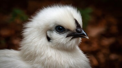 Fototapeta premium A close-up portrait showcases a fluffy white chick. It has striking blue eyes and a small, dark beak. The background is a soft, blurred brown