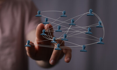 Close up shot of human hand pointing to digital network, connection concept, people and teamwork concept, unity and community, digital business