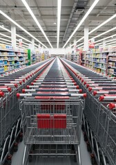 A long line of empty shopping carts in a store. Retail and consumerism concept for supermarket advertising and business.