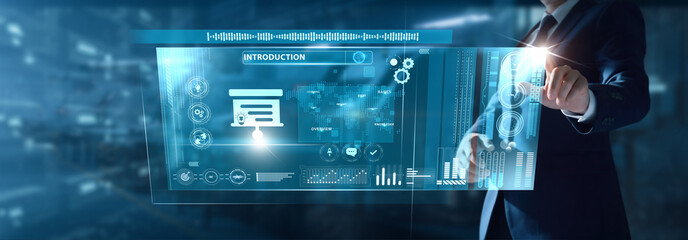 Businessman analyzing Introduction data on virtual interface overview insights, project briefing, key highlights, startup metrics, initial assessment.