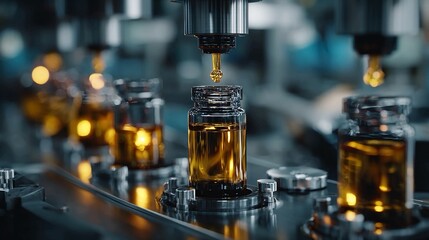 Precision liquid filling machine accurately dispenses golden fluid into sterile glass vials on automated production line for pharmaceutical manufacturing